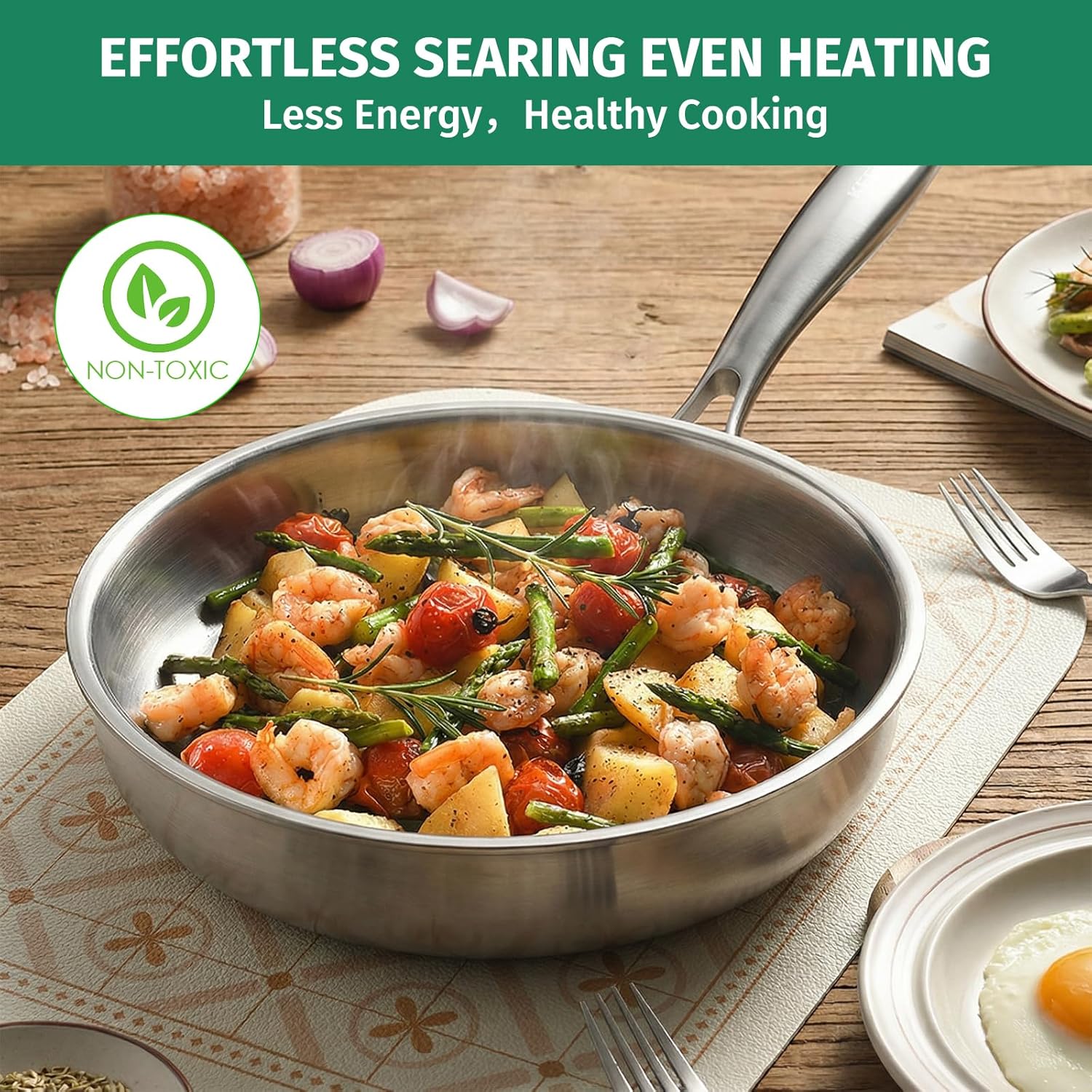 12 Inch Stainless Steel Pan, 5pcs Tri-Ply Stainless Steel Frying Pan with Lid, Dishwasher & Oven Safe, Induction Cooking Skillets, Fast & Even Heat and Detachable Handle