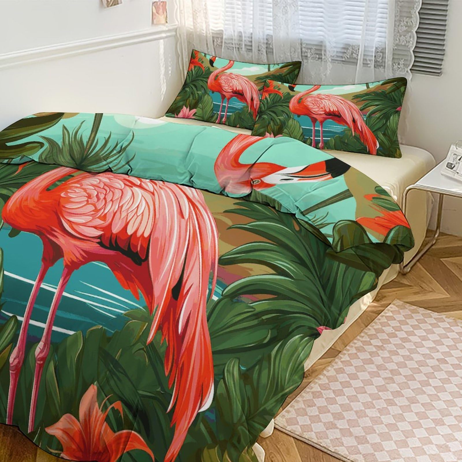 Couette grand lit épaisse anti-plis parure de lit tropicale 3 pièces