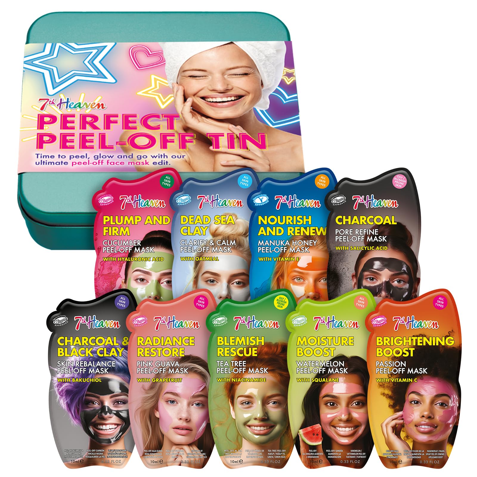 Perfect Peel Off Face Mask Gift Set in Tin (Contains 9 Peel Off Face Masks) Pamper Gifts for Women & Girls - Genuine 7th Heaven Skincare Set