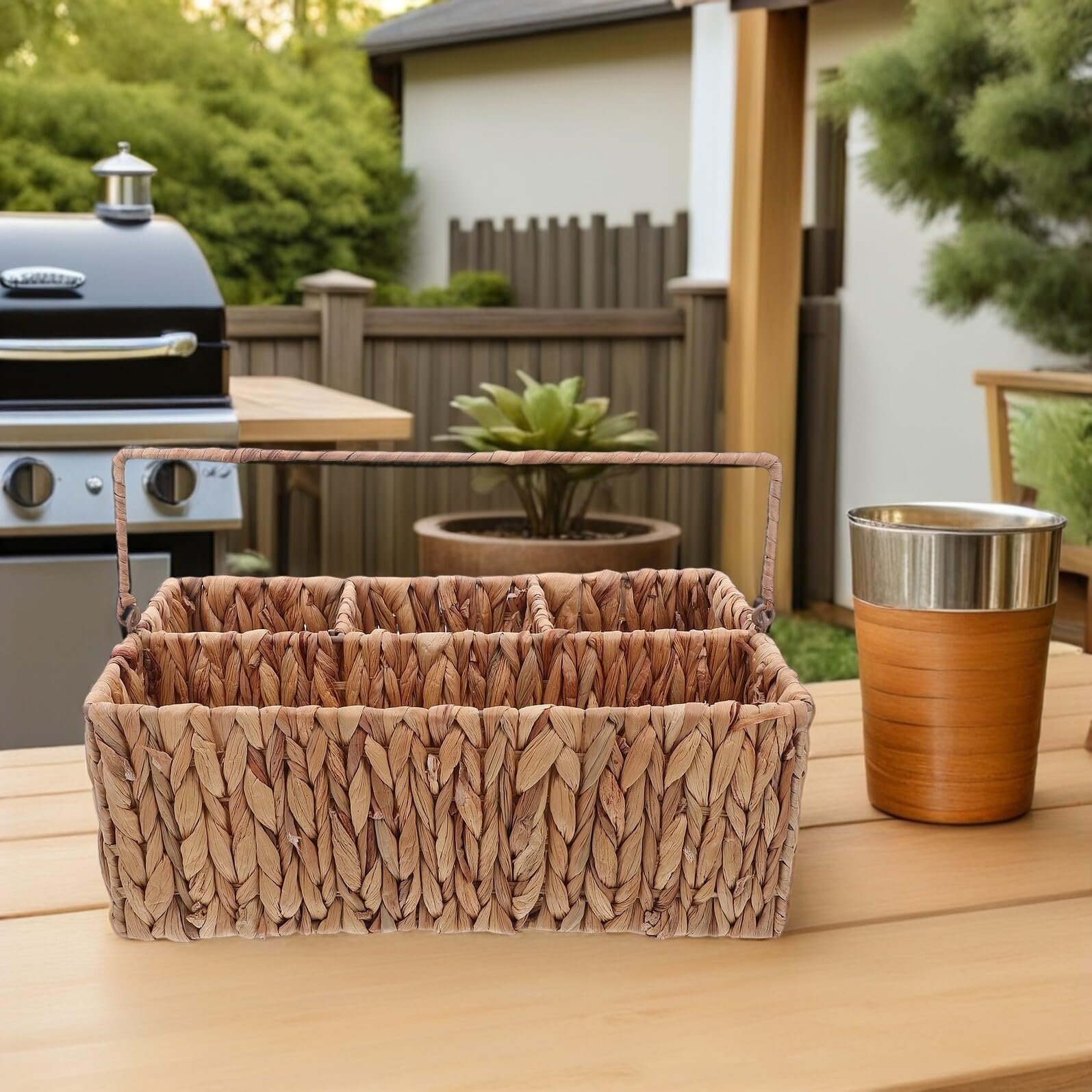 Garneck Cesta de Mimbre con Compartimentos para Cubiertos Organizador de Utensilios de Cocina con Asa Portátil Soporte de Almacenamiento de Utensilios de Paja para Picnic y Comedor Cesta