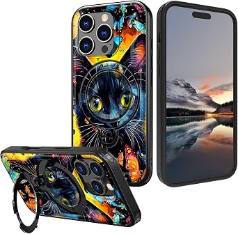 for iPhone 16 Pro Max Case with Hidden Stand Military Drop Protection, Compatible with MagSafe, Heavy Duty Shockproof Phone Cover for iPhone 16 Pro Max 6.9, Black Cat 02