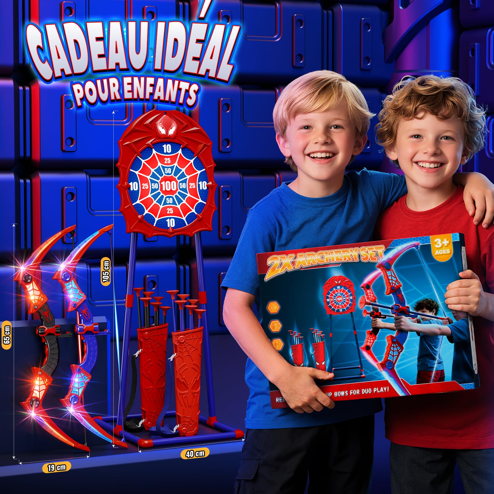 Kidluna Lot de 2 ArcFlèche avec LED Rouge Bleu, Cible Araignée sur Pied & Carquois Araignée Jouet Cadeau Garçon 3 4 5 6 7 8 9 10 11 12 Ans, Jouet Jeux Cadeau Enfant 3-12 Ans Garçon Fille
