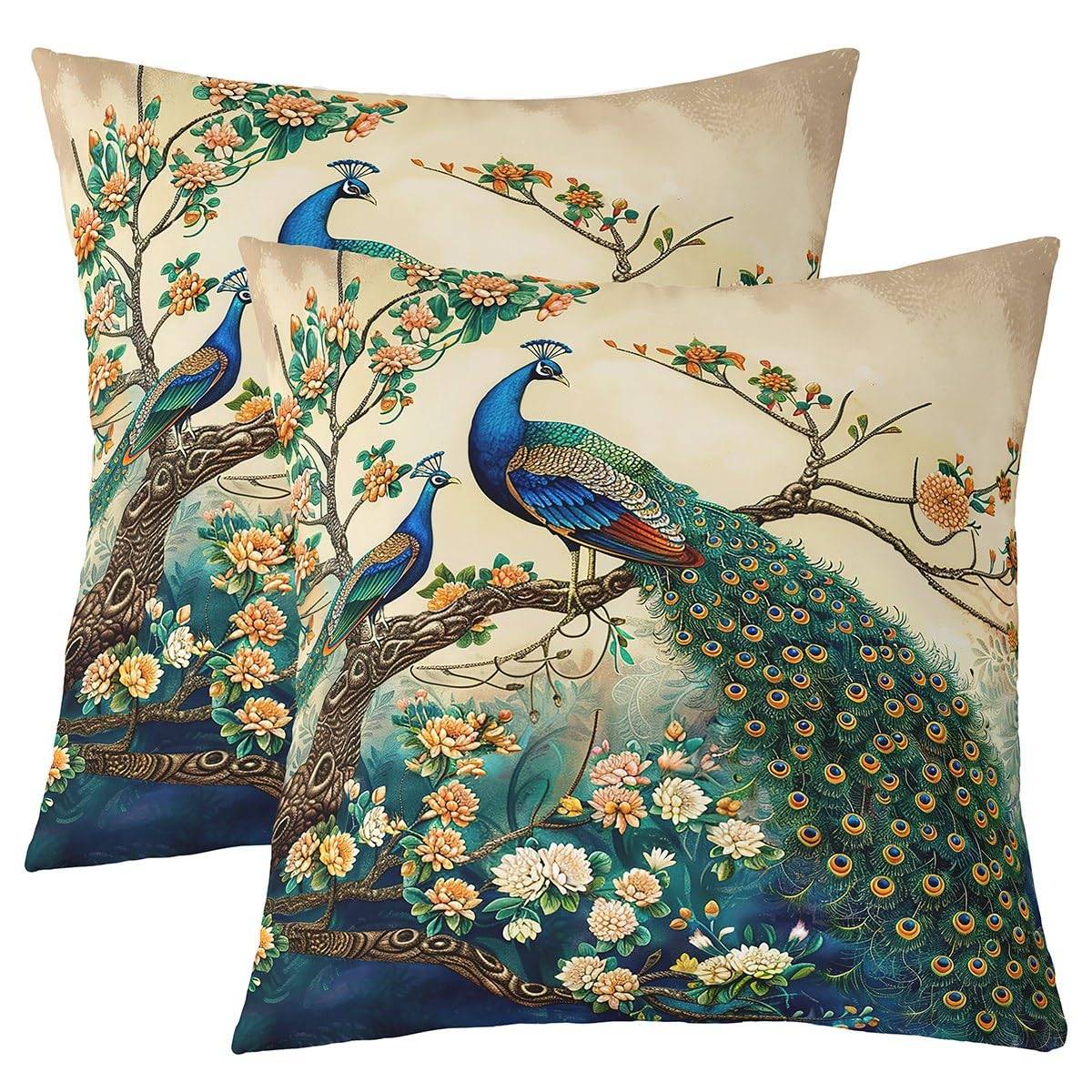 Homemissing Peacock Pillow Covers Peacock Feather Printed Square Cushion Covers Set of 2 Cute Animal Throw Pillow Covers Colorful Cushion Covers for for Couch Sofa 40x40cm