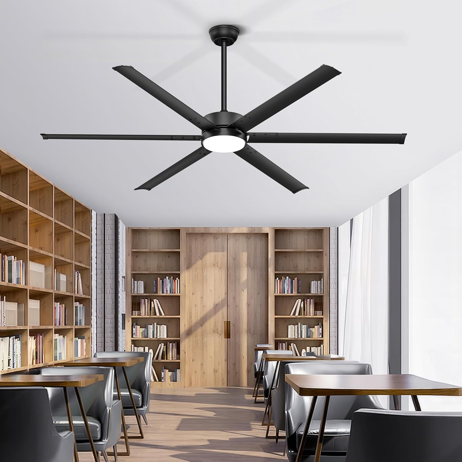 Ohniyou 72 Inch Large Industrial Ceiling Fan with Lights Remote Control, Black Big Ceiling Fan with 6 Metal Blades, 6-speed Quiet DC Motor for Outdoor Patios Shop Living Room Garage