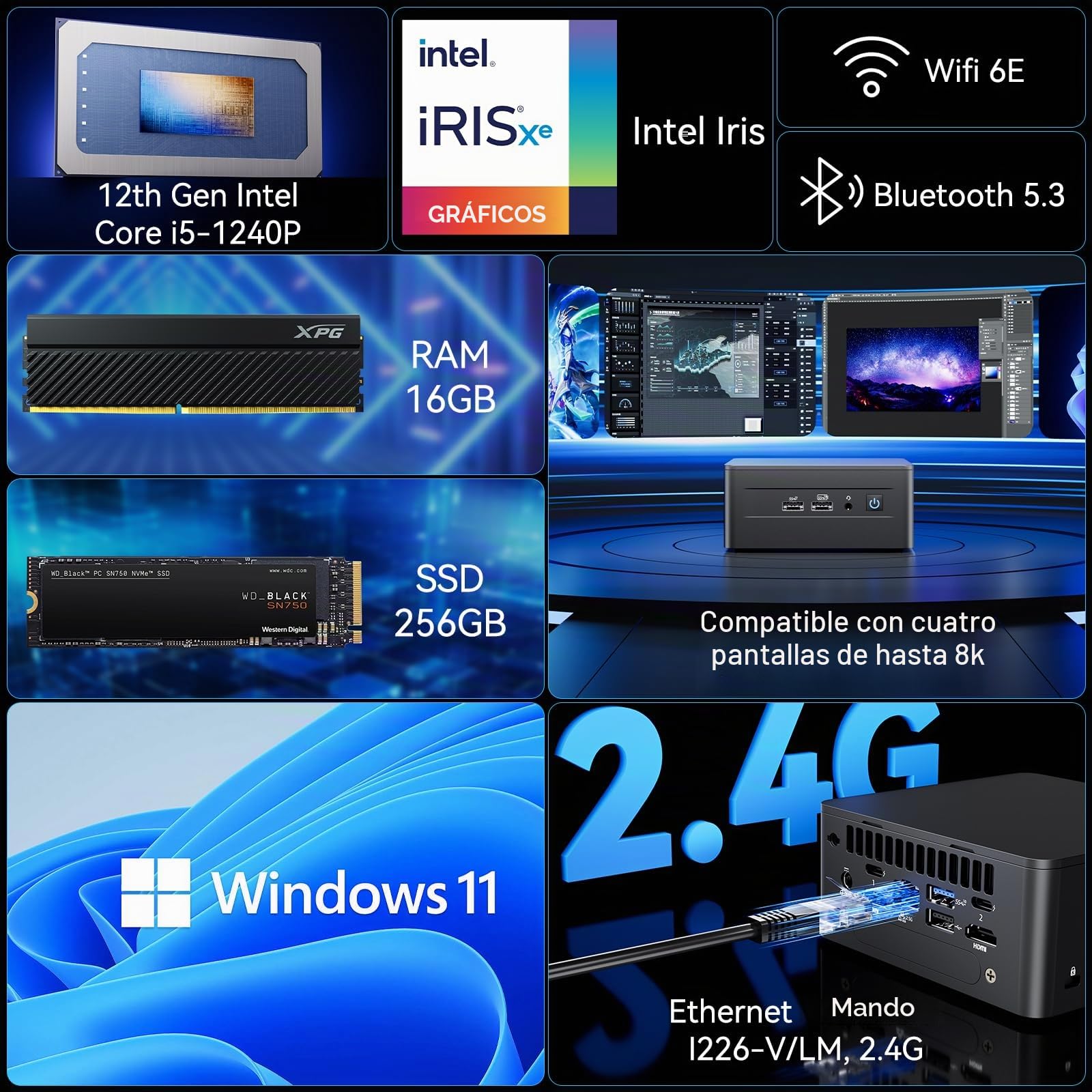 Mini-PC Intel NUC 12 Pro, for ASUS NUC 12 Pro Wall Street Canyon NUC12WSHi5, Core i5-1240P 12.a Gen, 12 MB caché Intel, hasta 4,4 GHz Turbo, gráficos Iris Xe 28 W, 16 GB RAM, 256 GB SSD, Win 11 Pro