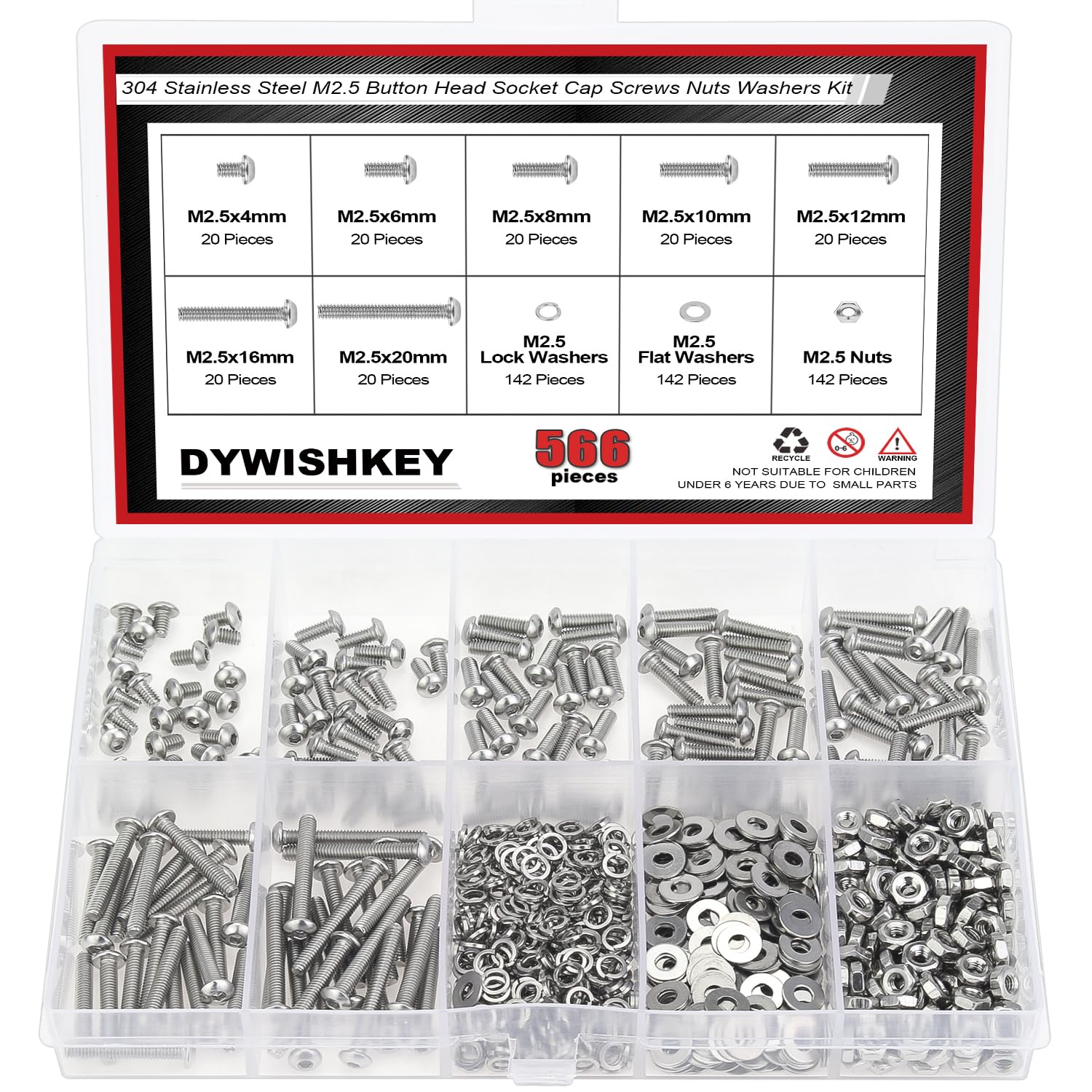 DYWISHKEY 566 Pieces M2.5X 4/6 /8/10 /12/16 /20mm Button Head Socket Cap Screws Nuts Washers Assortment Kit, M2.5 Screw Kit, 304 Stainless Steel