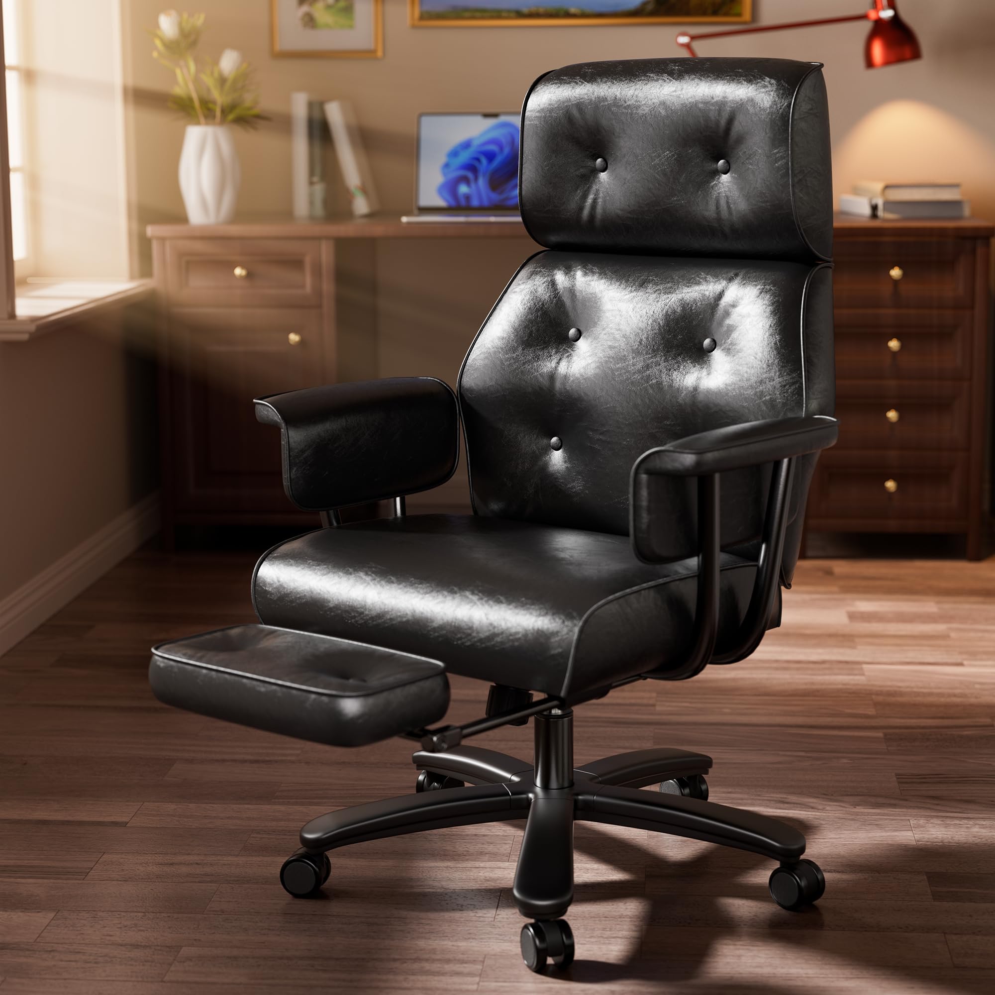 Reclining Office Chair with Footrest, Big and Tall Office Desk Chair 400lbs Wide Seat with Leather, Ergonomic High Back, Button Tufted Vintage Design, Black
