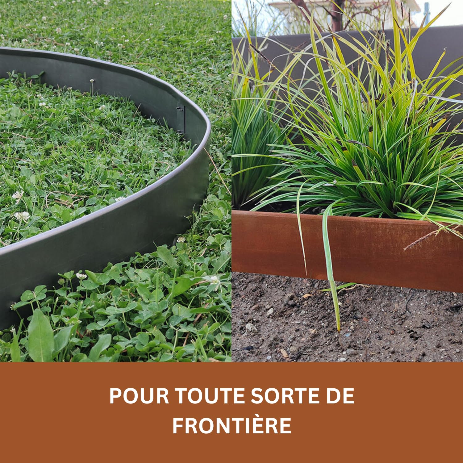 RoRi Bordure de pelouse en Acier Cortenstahl 10 m - 10 cm de Hauteur - Dessus Arrondi - 10 x 1 m Bordure - Pliage des Bordures de pelouse - Clôture pour vergers Marron