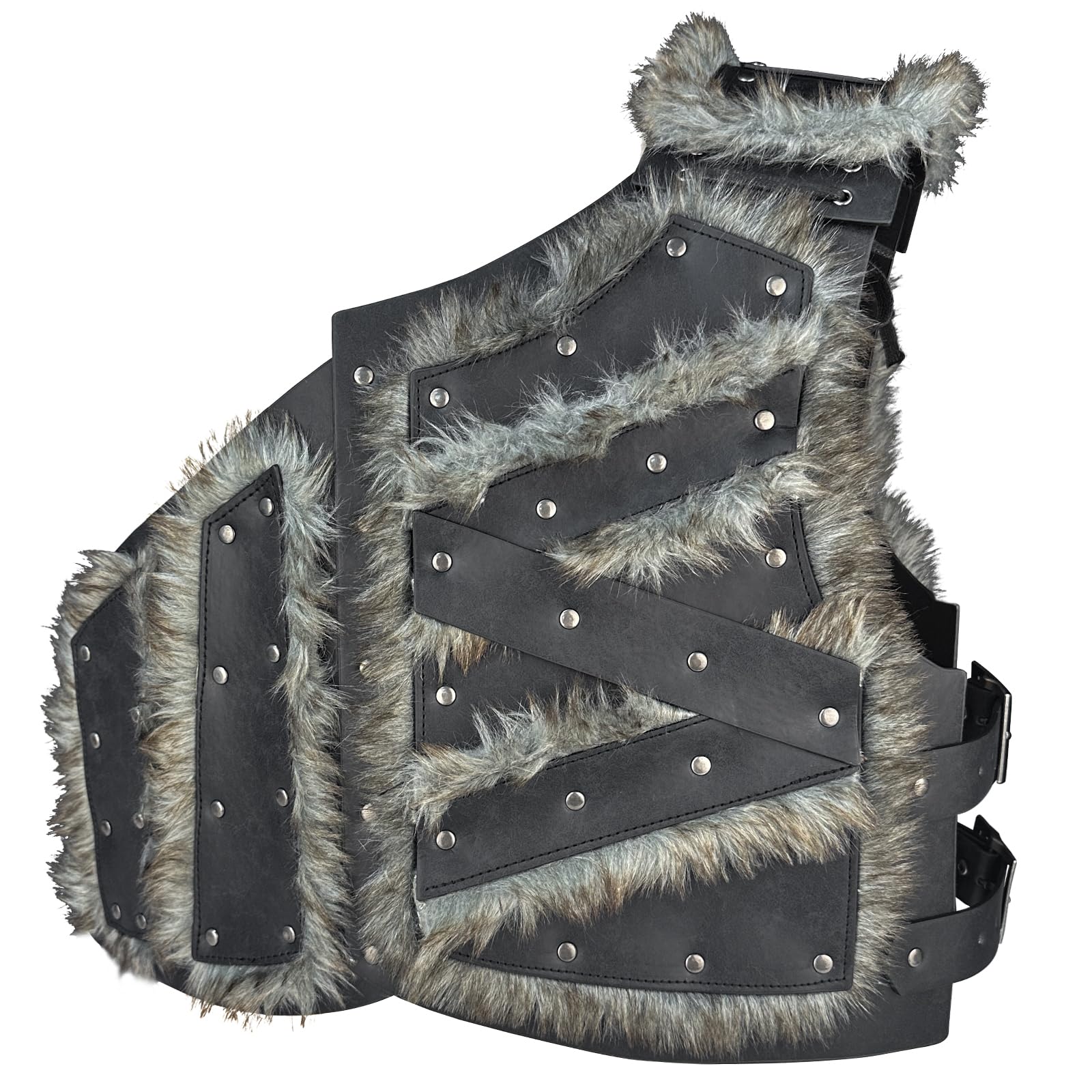 HiiFeuerViking Artificial Fur Faux Leather Chest Armor, Medieval Vintage Barbarian Body Armor Knight Adjustable Vest Armour