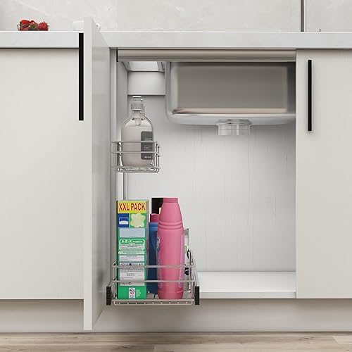 Miniatura 8 de Organizador para debajo del fregadero de 9 pulgadas de ancho x 17 pulgadas de profundidad, organizador de armario extraíble de 2 niveles, chapado en