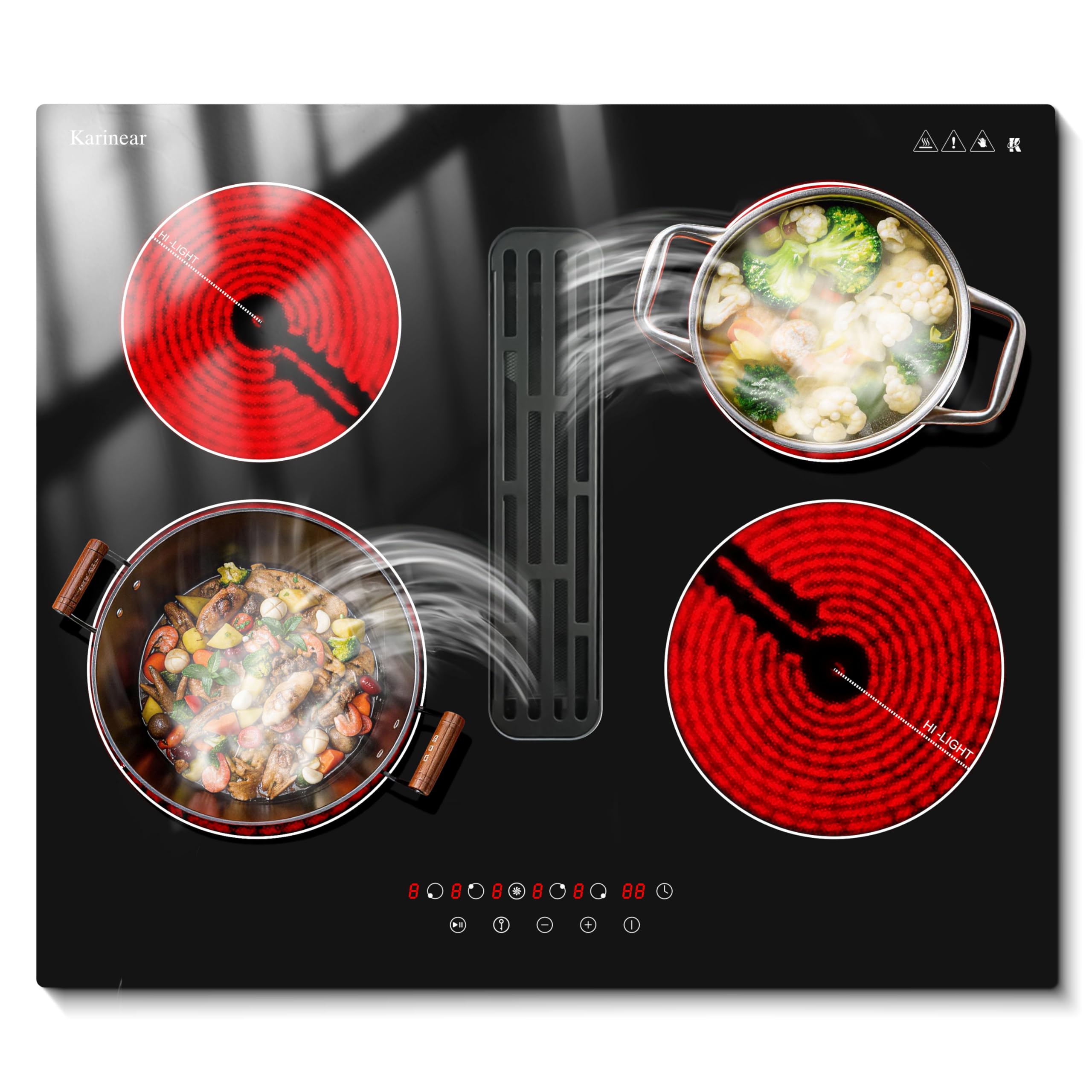 Karinear Kochfeld mit Dunstabzug 60 cm, 6000W, 4 Platten, Touch, Timer | 60 cm Kochfeld mit Dunstabzug, 6000W, Herdplatte 4 Kochfelder, Integrierter Abzug, Touch-Steuerung, Timer und Pause-Funktion.