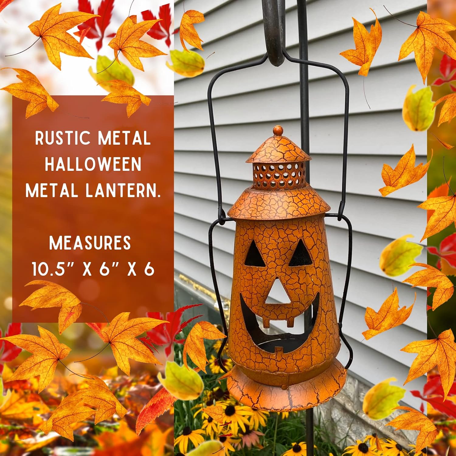 Halloween Pumpkin Rustic Lantern with Handle, Metal Jack O Lantern Fall Decoration, Standing or Hanging, Holds Pillar Candle - Indoor, Outdoor, by Clovers Garden