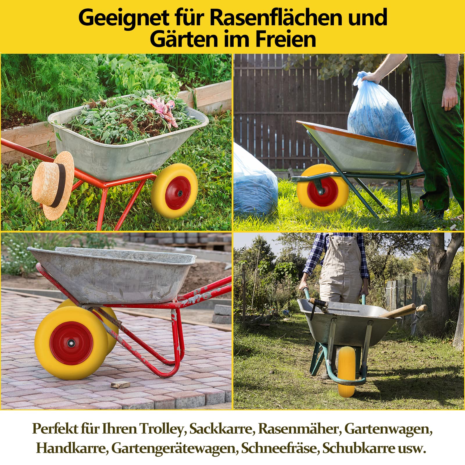 4x Schubkarrenrad Vollgummireifen mit Achse 4.80 4.00-8 Ø 390mm 95mm Metallfelge Gummirad, pannensicher, 200 kg Tragkraft Ersatzrad, Reifen gelb-rot, für Gartenkarren