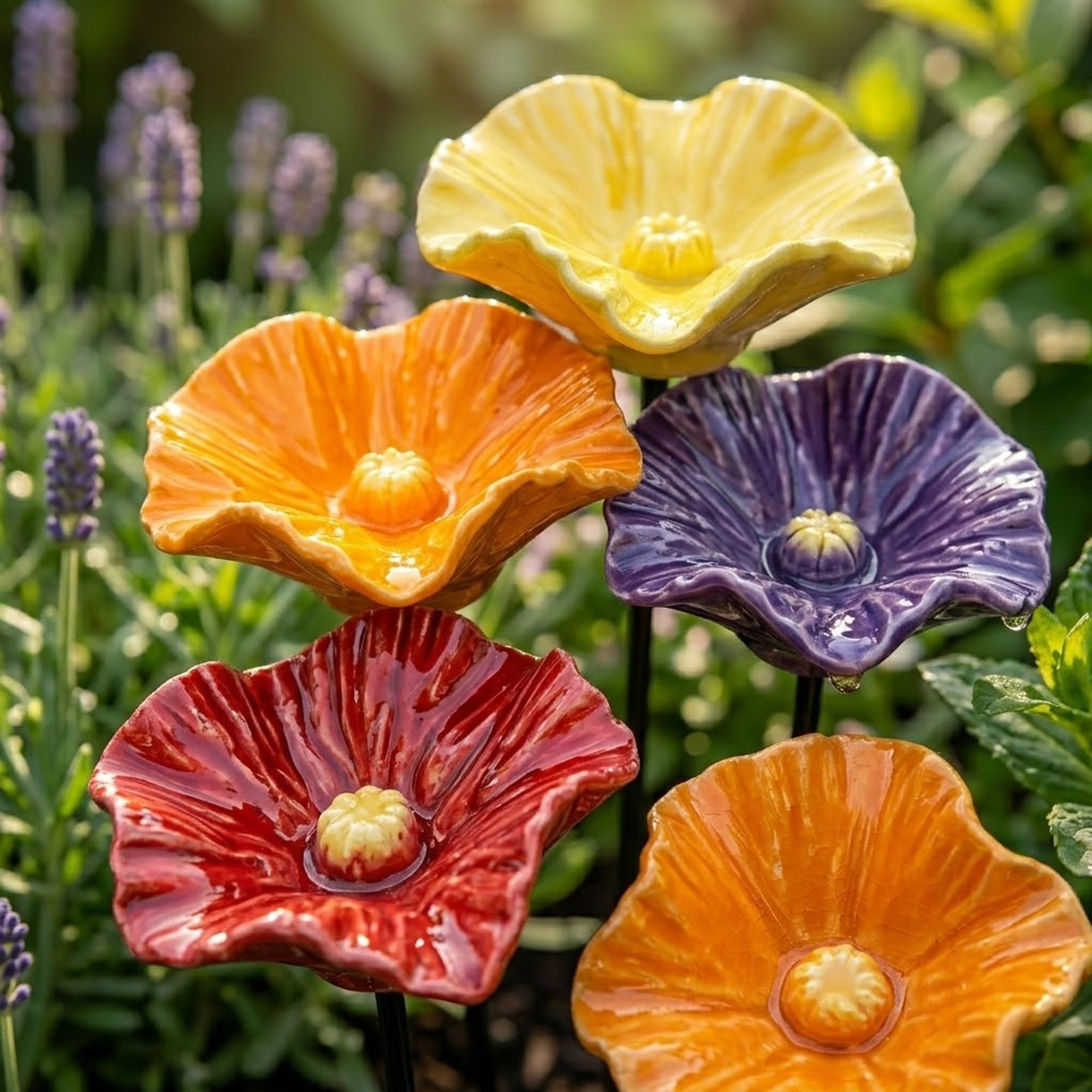 BienenträNke Keramik, InsektenträNke Keramiks Blume, Blumen Gartenstecker VogelträNke, Handgemachte BienenblüTen – Wetterfeste Keramik-TräNken, 4er-Set (4STK)