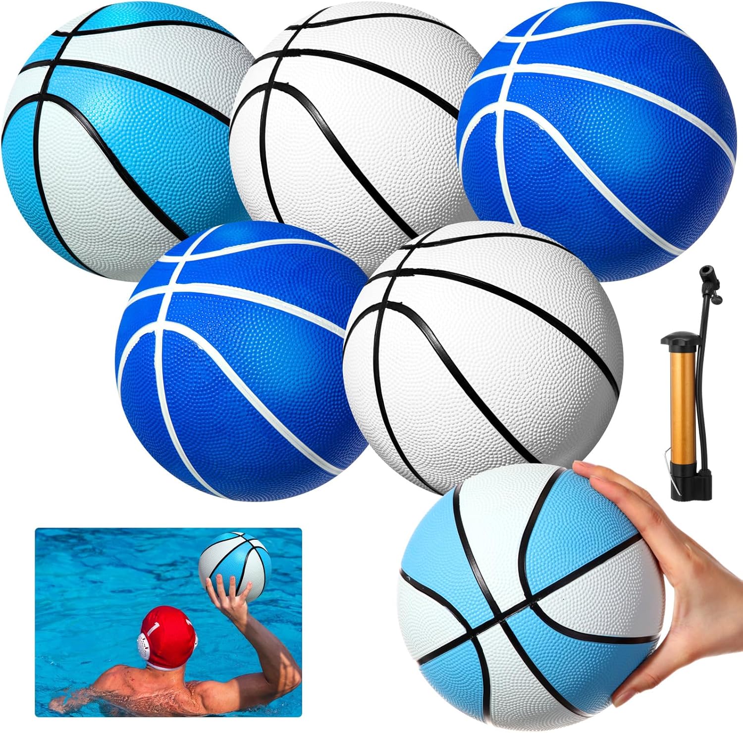 6 Pack Pool Basketball Size 3/4 Water Basketball Bulk with Pump Mini Ball Summer Pool Water Games for Indoor Outdoor Mini Ball Holder Waterproof Party Favors