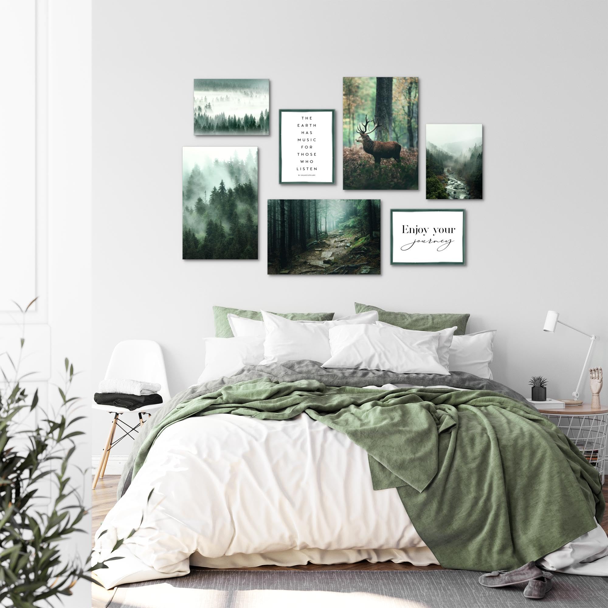 Novart Wandbilder Wald Hirsch - KOMPLETT AUFHÄNGFERTIG - Natur Grün Wohnzimmer Schlafzimmer Flur - 7 Moderne Mood-Bilder - N004672a