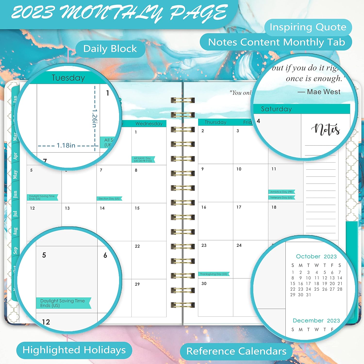 2023 Planner - 2023 Weekly & Monthly Planner with Tabs, 6.3" x 8.4", January 2023 - December 2023, Hardcover with Back Pocket + Thick Paper + Twin-Wire Binding - Contrast Watercolor : Office Products