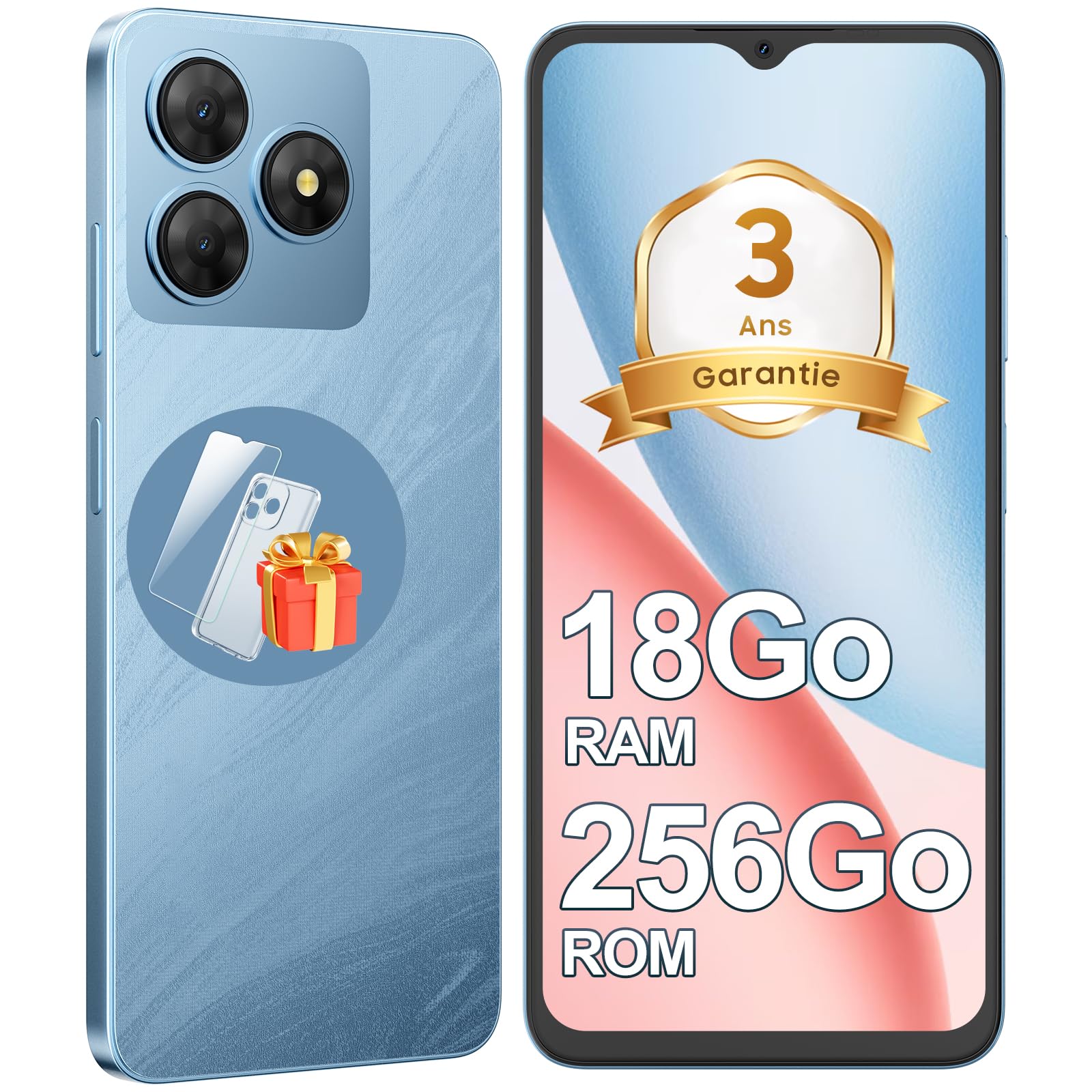 Téléphone Portable Pas Cher 18Go+256Go/TF 2To, Smartphone Android 4G Double SIM, Écran 6,56'' HD+ 90Hz, Batterie 5000mAh, Caméra AI 13MP+8MP, Face ID/OTG/GPS, Garantie 3 Ans - Bleu