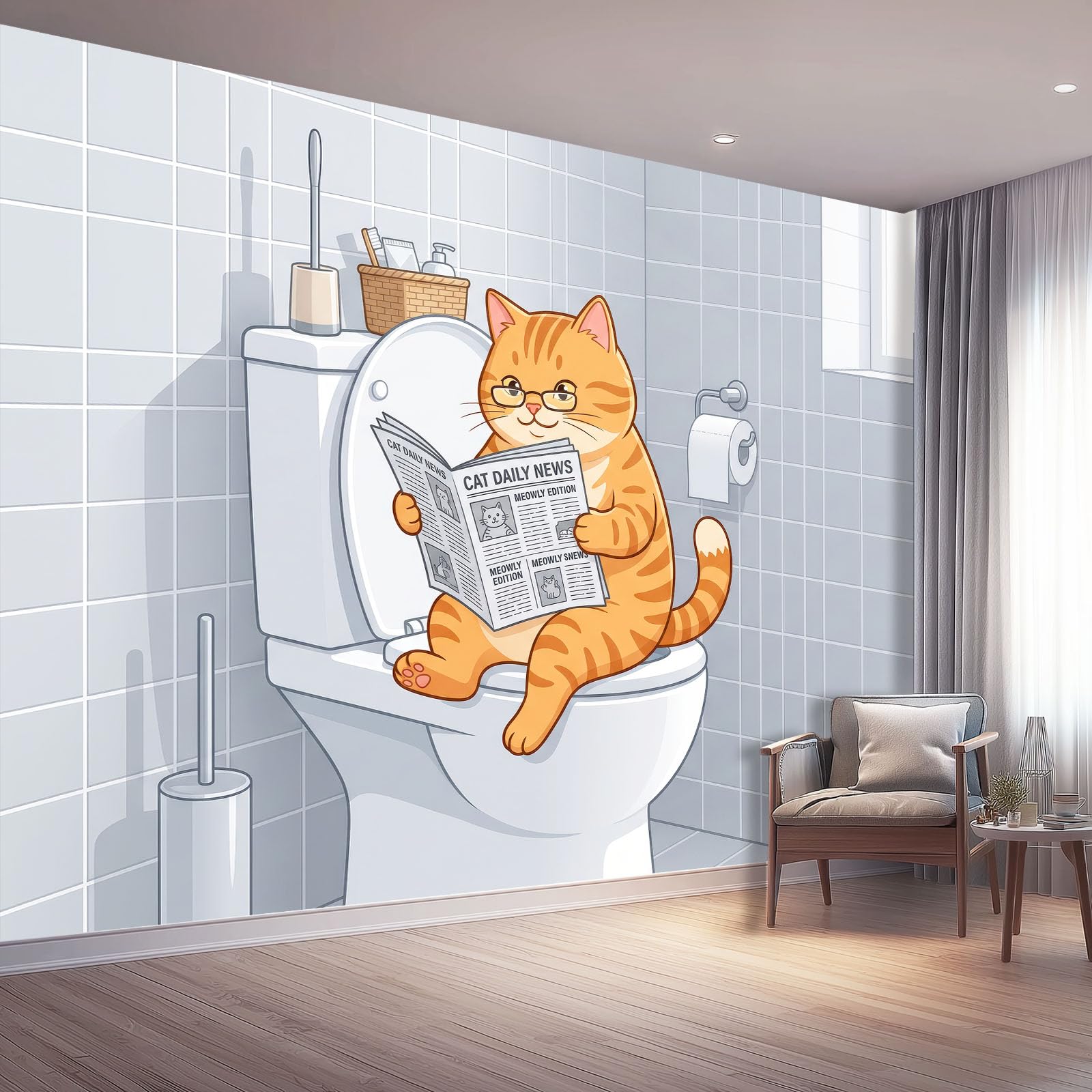 Papier Peint Panoramique 3D Gris Clair Dessin Animé Chat 300 x 210 cm