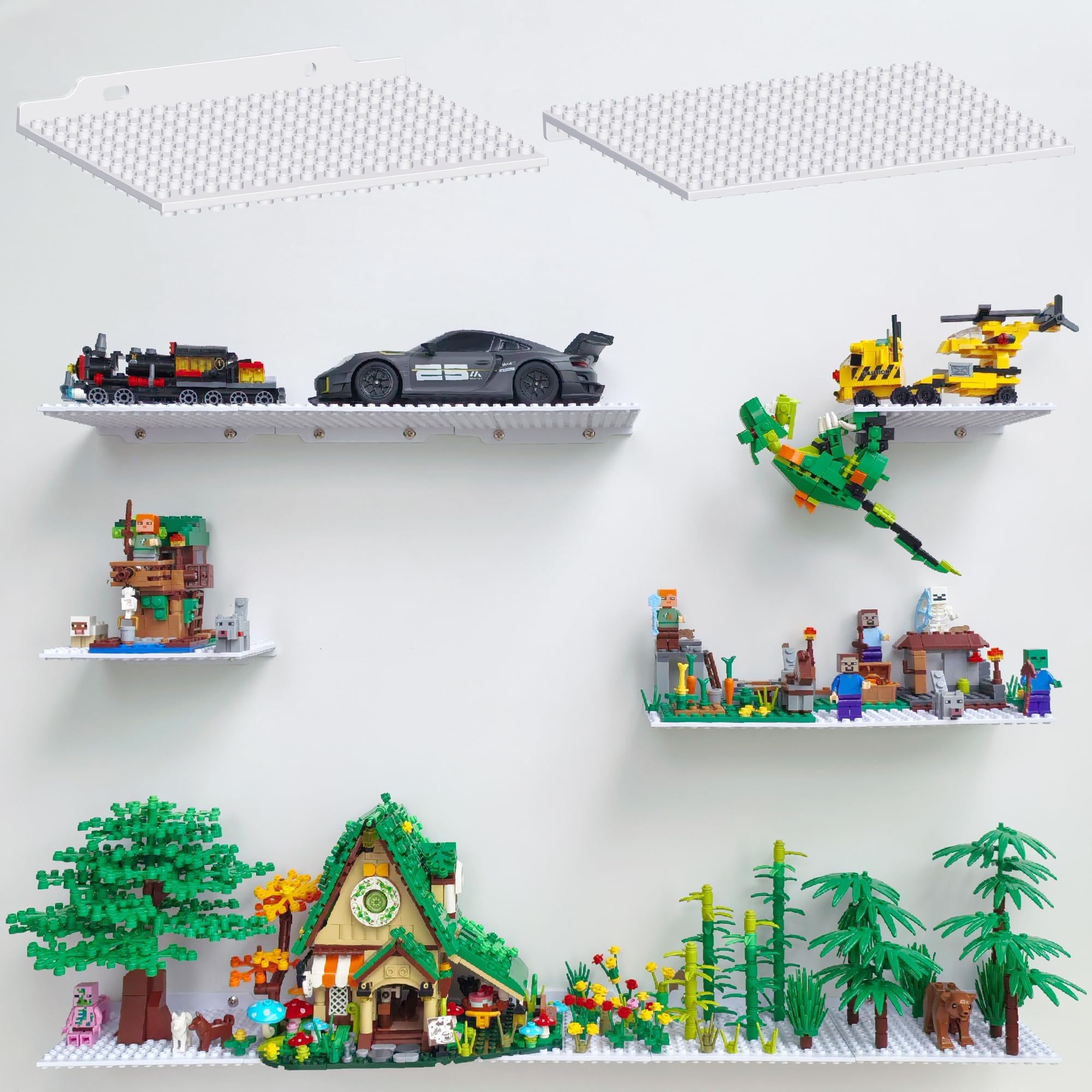 LRANFOW 6 Pack Wall Display Shelves with Dual Sided Building Studs, 4x5 Inch Baseplate Shelf Compatible with Lego Building Bricks for Organized Storage & Modern Room Deco Builders Gift, 16x13 Studs