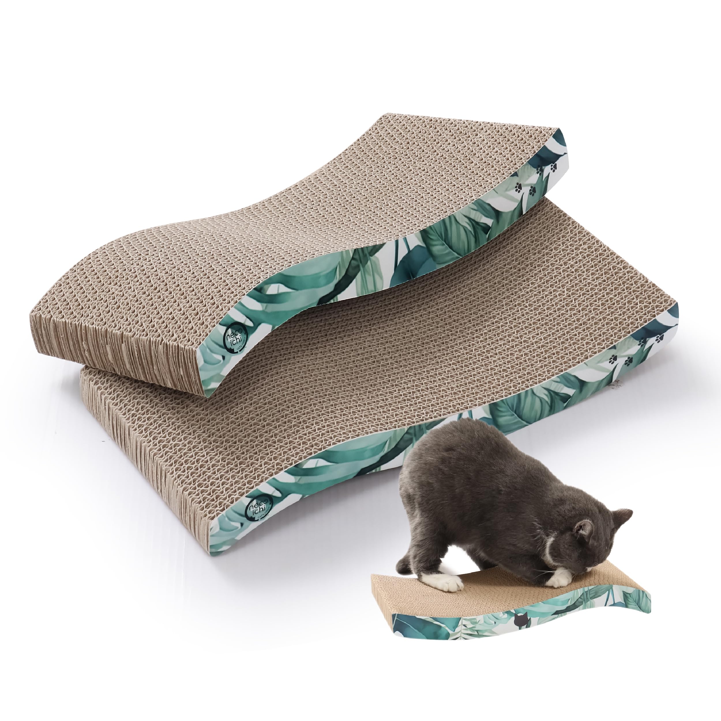 Reversible Wave Cat Scratcher for Indoor Cats - Cat Scratching Board, Horizontal Cat Scratch Pad Lounger with Reversible Usability and Extra Comfort for Lounge(2Pack, Go Green)
