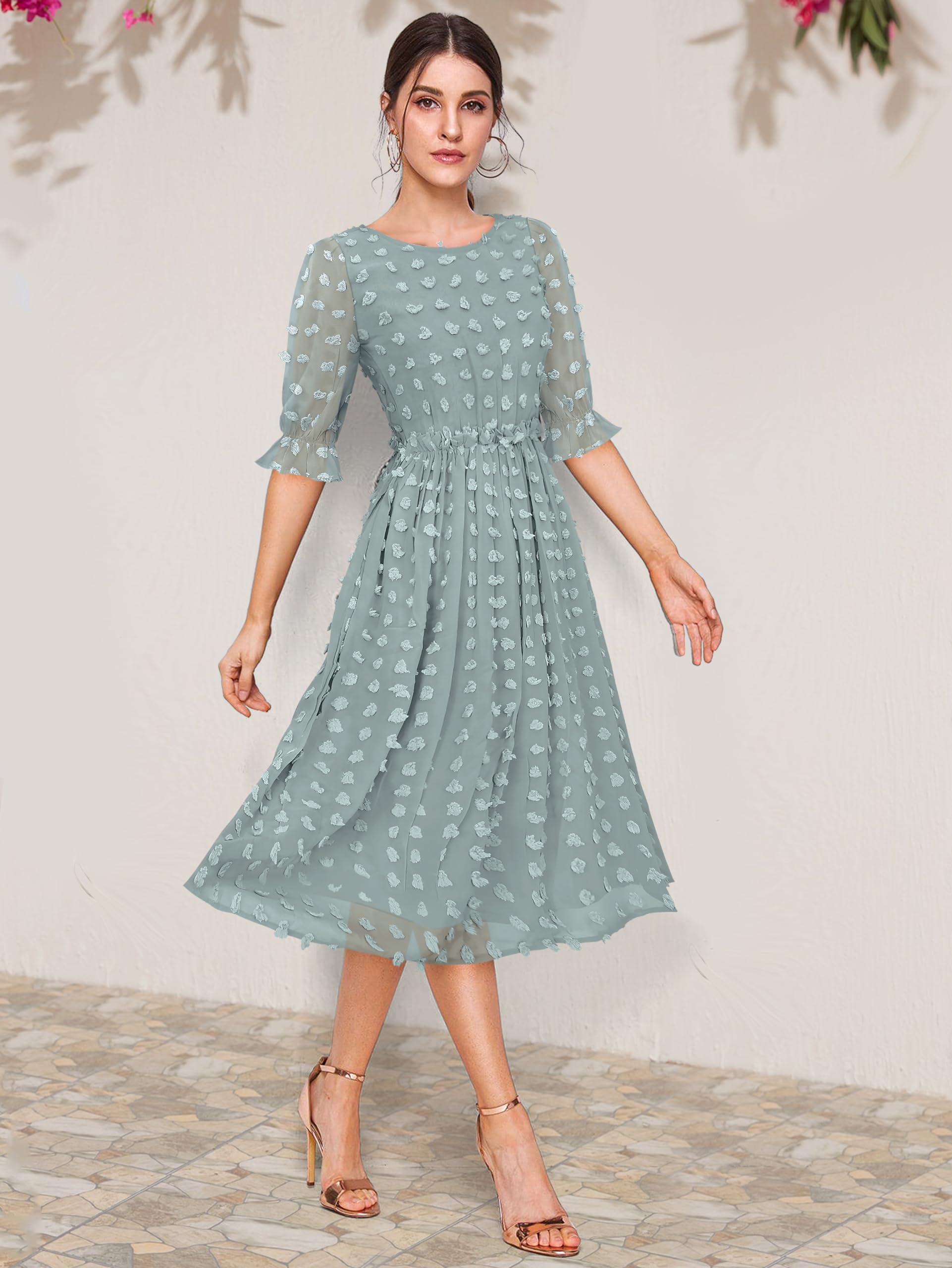 Toochki Women's Sea Green Dobby Georgette Woven Fit & Flared Western Dress | Dress For Women | A Line Dress | Winter Dress | Western Dress | Latest Women Dress | Trendy Dress | Midi Dress