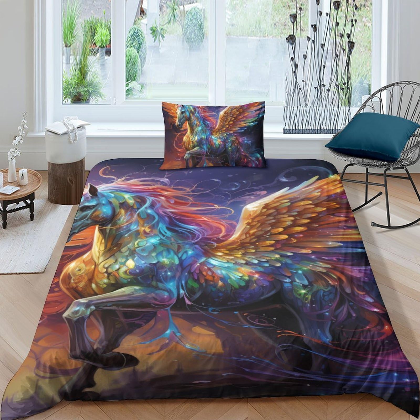 Ensemble de housse de couette colorful horse pour chambre d'enfant féerique