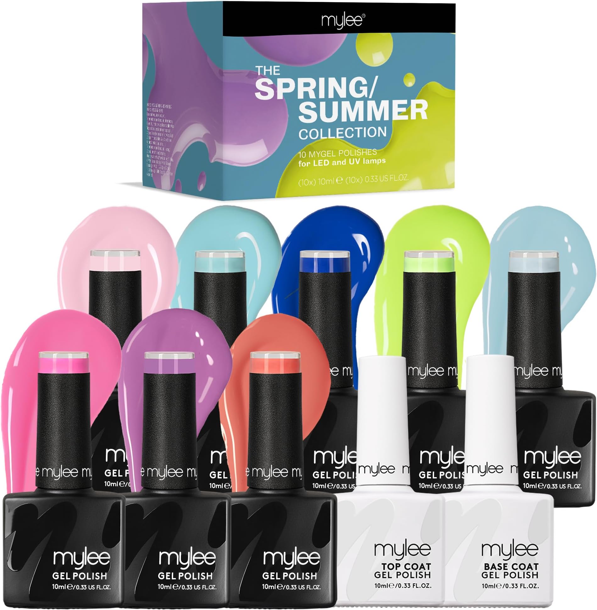 MYGEL by Mylee Nail Gel Polish Spring/Summer Collection 8x10ml Colours + Top & Base Coat, UV/LED Soak-Off Nail Art Manicure Pedicure for Professional, Salon & Home Use - Long Lasting & Easy to Apply