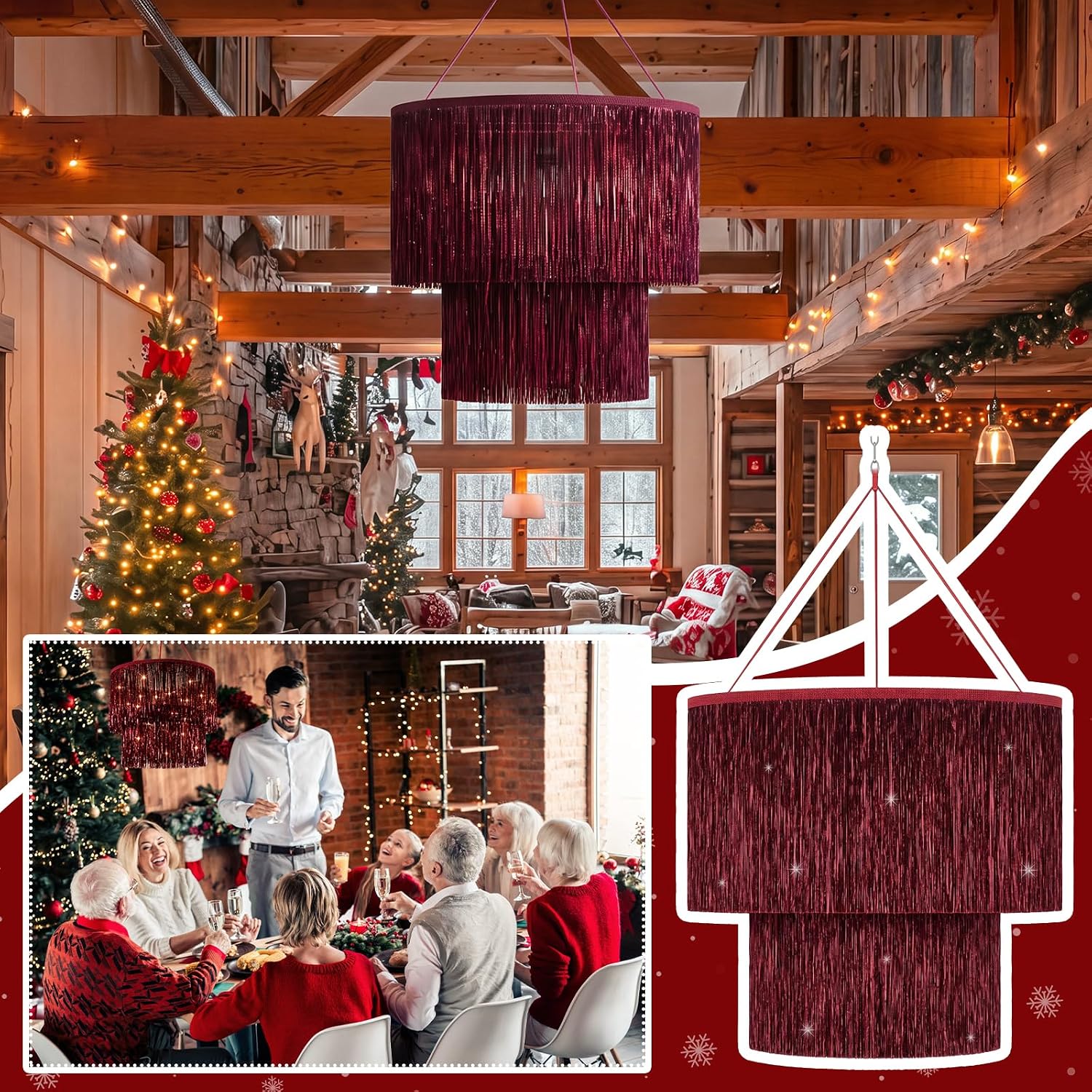 Fumete 1 Pack Burgundy Tinsel Fringe Chandelier, 16" 2-Tier Party Decor