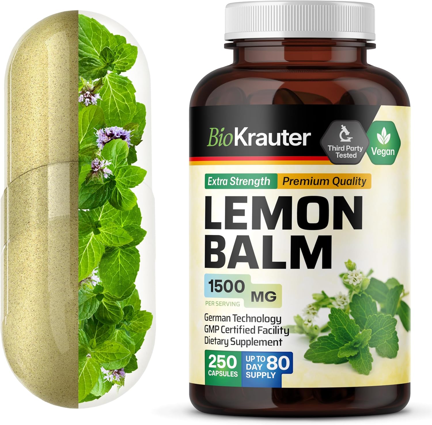 BIO KRAUTER Lemon Balm Capsules 1500 mg – 250 Count – Vegan Melissa Herbal Supplement – Natural Relaxation Support – Lemon Balm Leaf