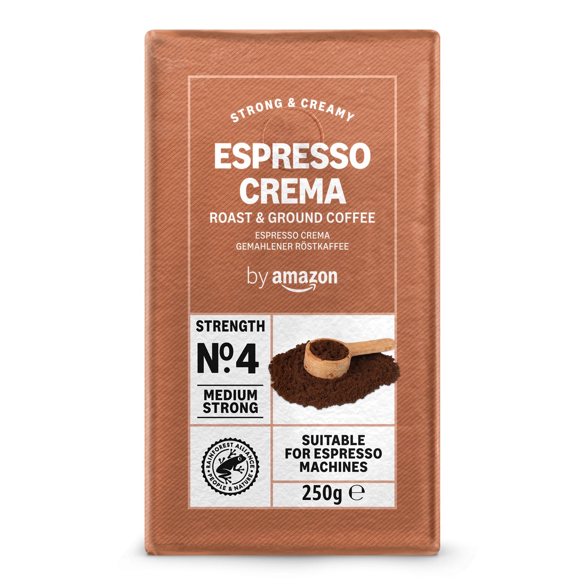 by Amazon Ground Coffee Espresso Crema, Medium Roast, 250 g, Pack of 4 - Rainforest Alliance Certified