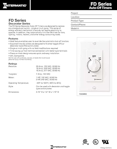 Intermatic FD34H - Temporizador de pared con resorte de 4 horas para luces y ventiladores, color marfil