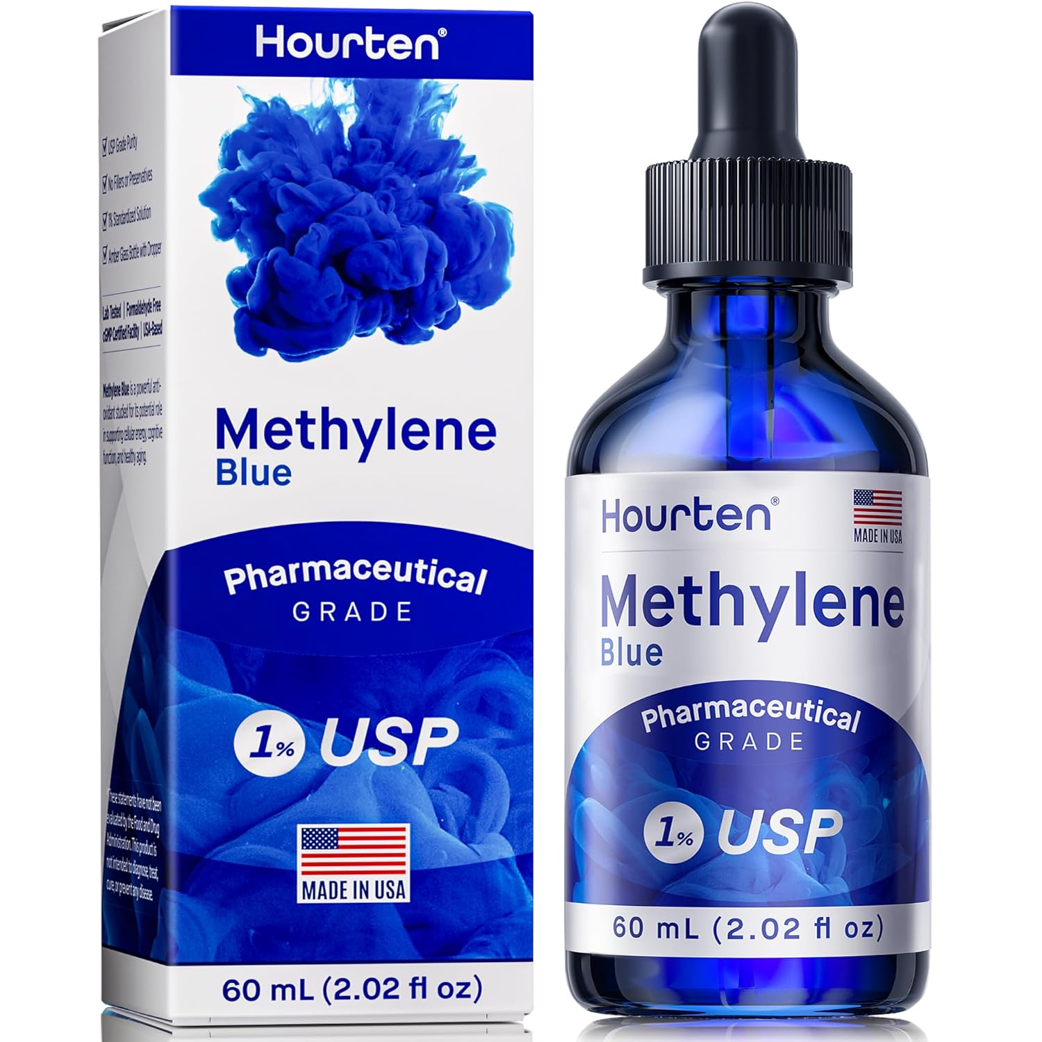 Product image of Methylene Blue Drops 1% USP Grade: Pharmaceutical Grade Blue Methylene Liquid Formula – 60 mL (2.02 fl oz) Amber Glass Dropper Bottle – Lab-Tested, Formaldehyde-Free, Made in USA