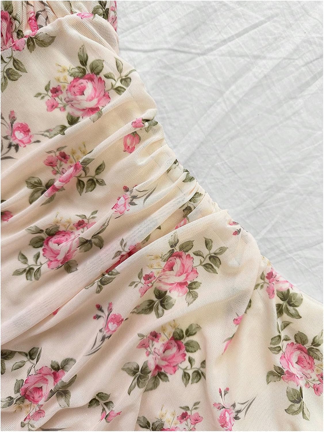 WDIRARA Women's Plus Size Boho Floral Cami Dress Ruched Spaghetti Strap A Line Short Dresses - Image 5