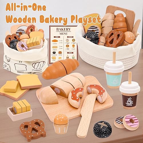 Miniatura 3 de Juego de madera para panadería, juguetes de comida, juego de cocina para niños, accesorios de cocina con bolsa de almacenamiento, juego de