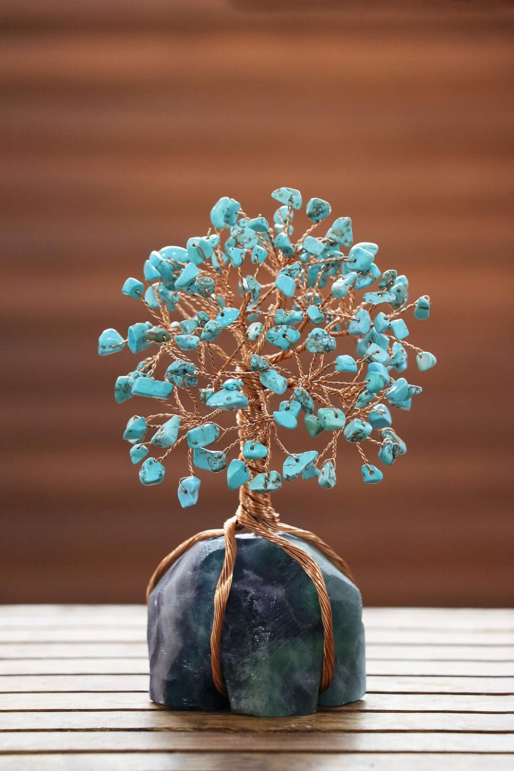 Crocon Howlite Green Turquoise Gemstone Money Tree with Fluorite Rough Wire Wrapped Base | Feng Shui Bonsai | Ornament Figurine | Chakra Balancing | Reiki Crystal Healing | Spiritual | Decor Size 5-6" image 4