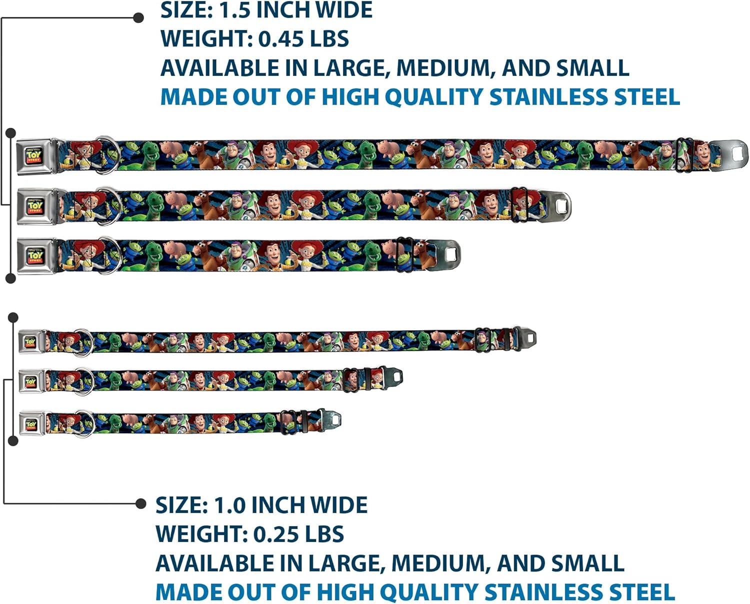 Dog Collar Seatbelt Buckle Toy Story Characters Running2 Denim Rays 15 to 26 Inches 1.0 Inch Wide
