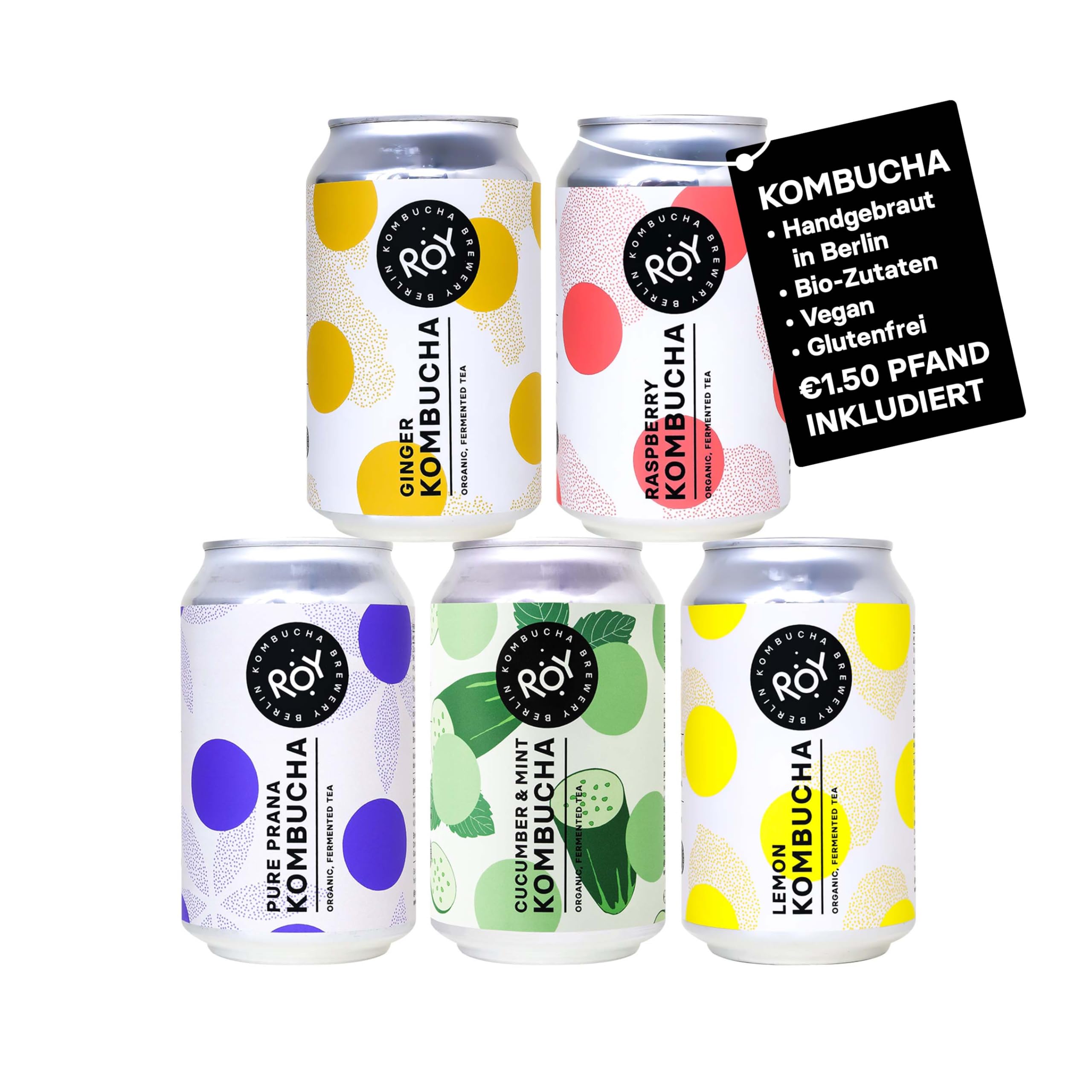 ROY Probierpaket Kombucha Bio mit 5 Sorten, 6 Dosen à 330 ml Bio Kombucha, handgefertigt in unserer Berliner Brauerei, vegan, glutenfrei, laktosefrei, 6er Pack, inkl. 1,50€ Pfand