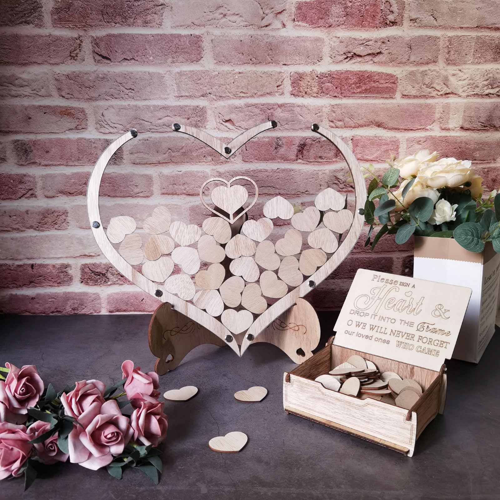 Herz Hochzeit Gästebuch Alternative, Holz Gästebuch Hochzeitsempfang mit 80 Holzherzen und Dropbox, rustikales Hochzeitsschild Dekor für Empfang und Zeremonie Party