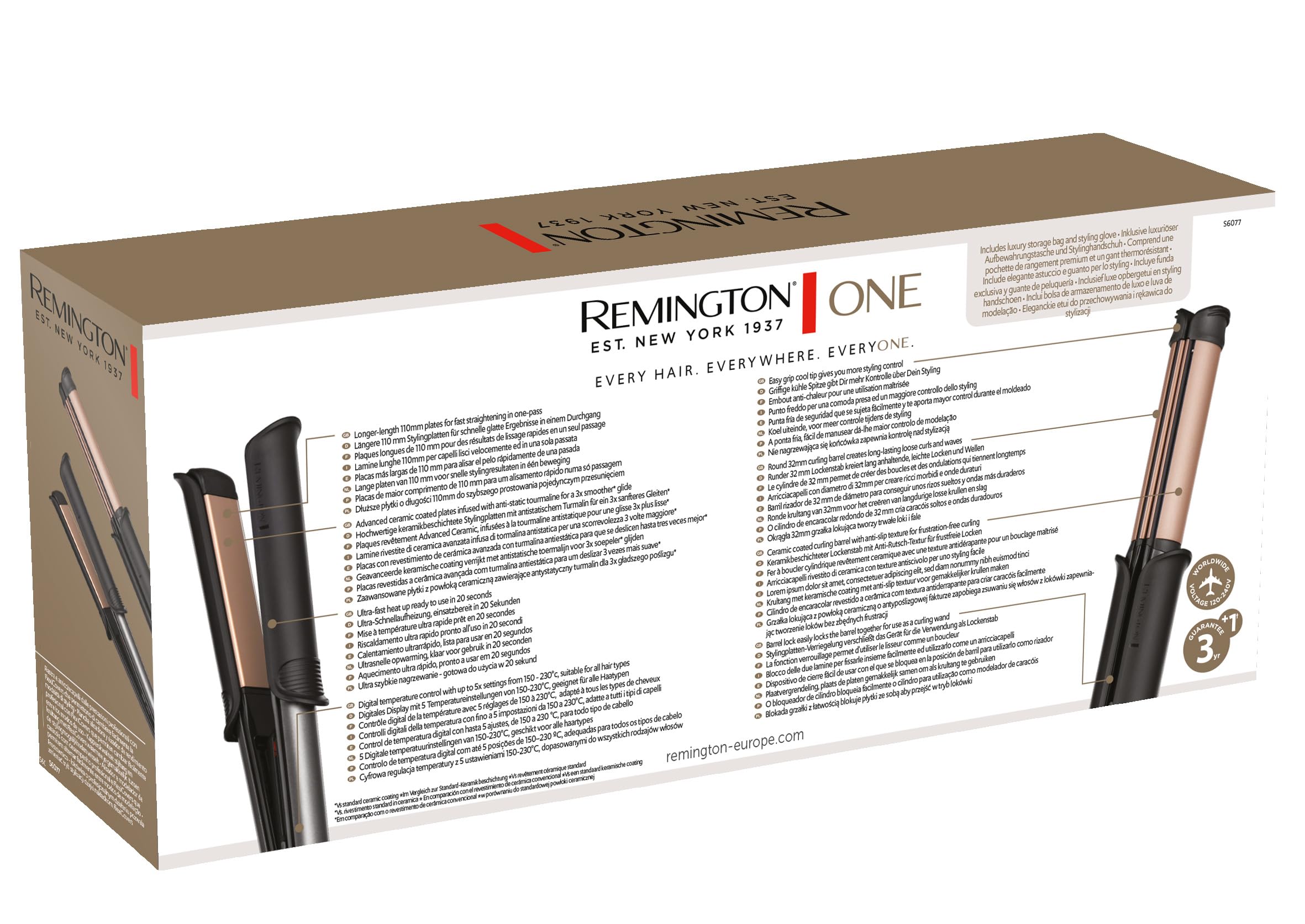 Remington Plancha de pelo y rizador Profesional ONE, 2 en 1, Cerámica y Turmalina Antiestática, placa alisadora de 110 mm, barril rizador de 32 mm, digital, hasta 230ºC, S6077