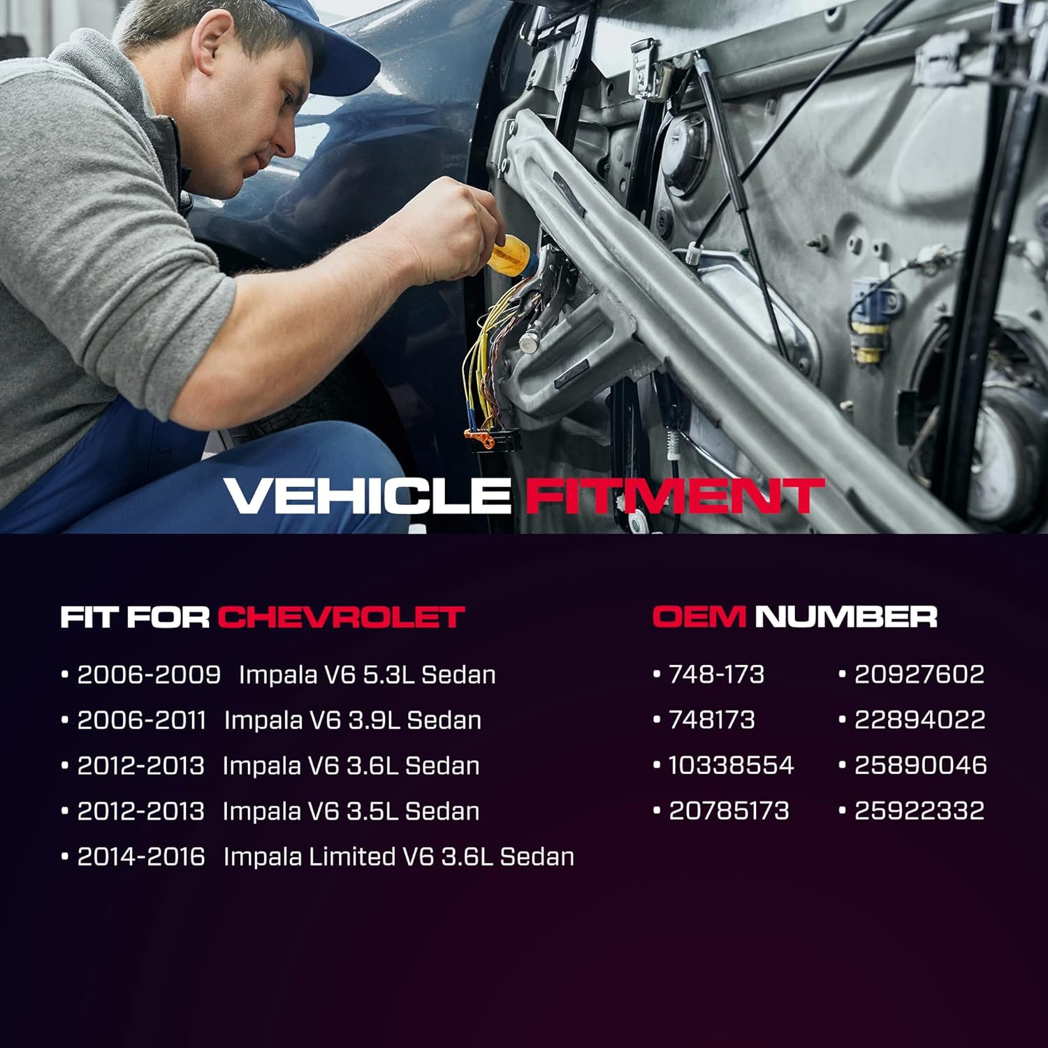 Front Passenger Side Power Window Regulator with Motor (2 Pins) Fit for 2006-2013 Chevy Impala, 2014-2016 Chevrolet Impala Limited Sedan, 748-173