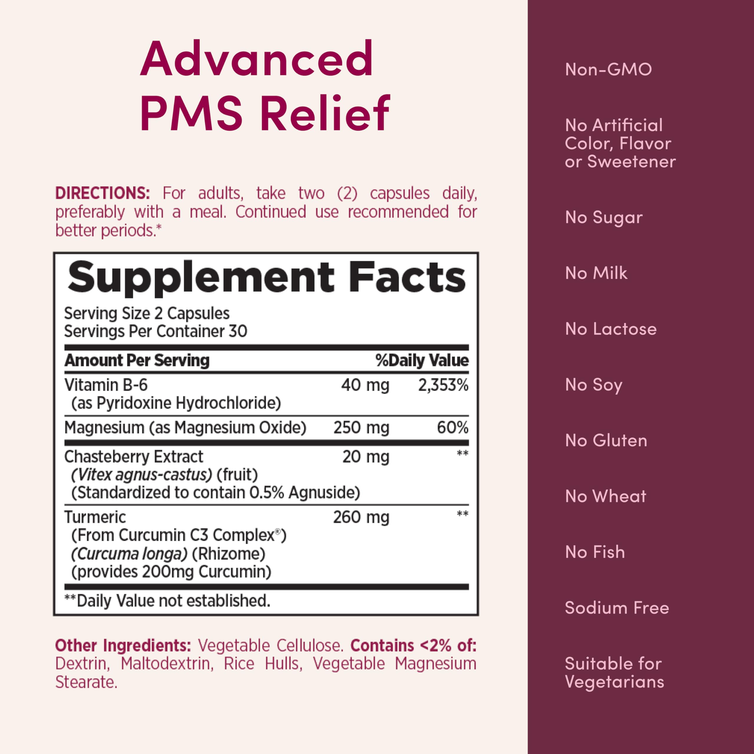 Nature's Bounty Optimal Solutions Advanced PMS Relief for Menstrual Cycle Support; Period Relief; PMS Support Supplement for Women – Chasteberry; Hormone-Free; 60 Capsules