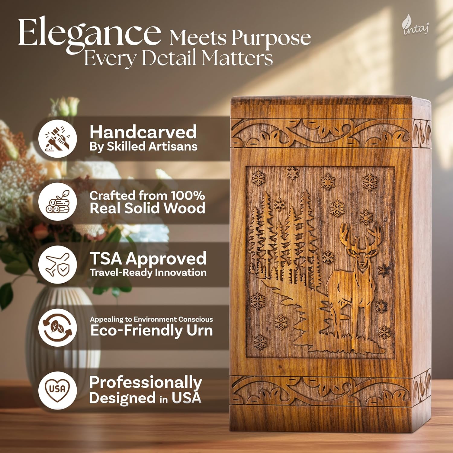 INTAJ Handcarved Rosewood Deer Urn for Human Ashes Adult Male Female - 180 lbs Capacity Forest Scene Wooden Cremation Urn Box Suitable for Burial Funeral Decorative Wildlife Memorial Casket
