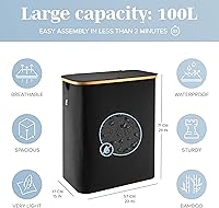 Vista 3 de LONBET Cesta de lavandería con tapa, fabricada con tela transpirable Cestas de ropa estéticas para lavandería con asas laterales y marco de bambú