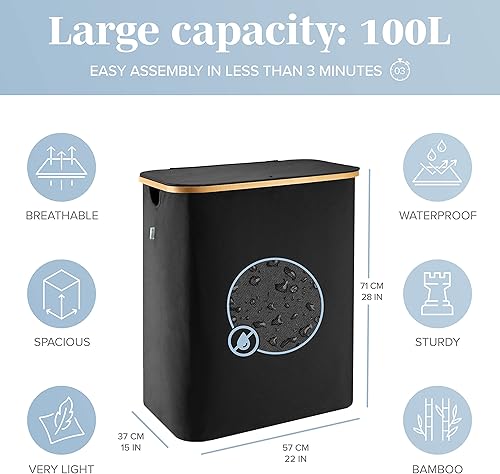 Miniatura 3 de LONBET Cesta de lavandería con tapa, hecha de tela transpirable, cestas estéticas para ropa sucia con asas laterales y marco de bambú resistente (40