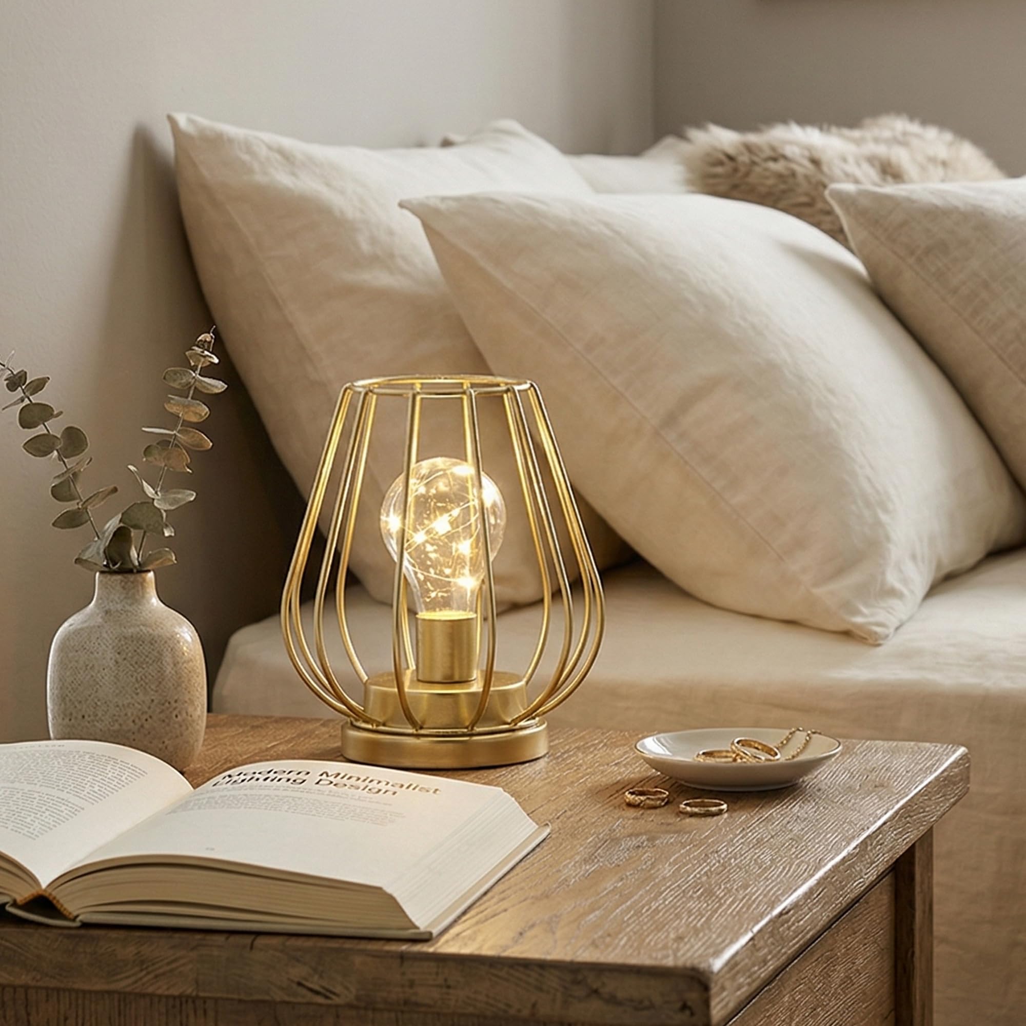TRIROCKS Set de 2 Lampes de Table Métalliques 17 cm Haut, Lanternes Mini Cage Sans Fil Alimentées par Batterie avec Lumières LED Féériques pour Jardin, Mariage, Soirées, Intérieur/Extérieur (Or)