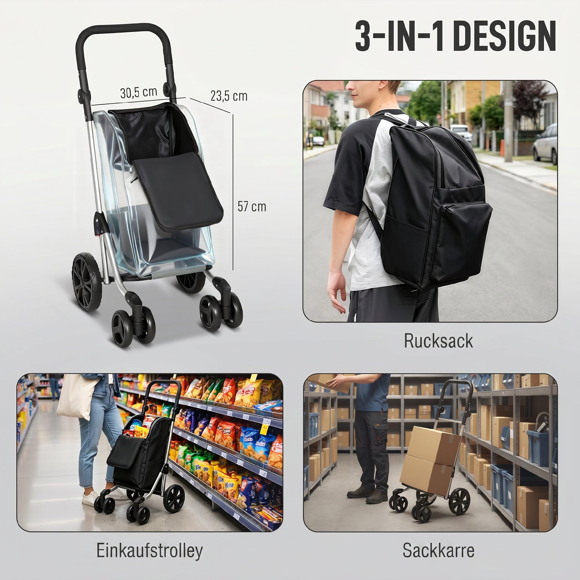 HOMCOM Einkaufstrolley Klappbar mit Kühlfach, 46L, Schwarz | Einkaufswagen, 3in1 Trolley, Sackkarre & Umhängetasche, Verstellbar Griff, Einkaufsroller mit Abnehmbarer Tasche, 6 Rädern