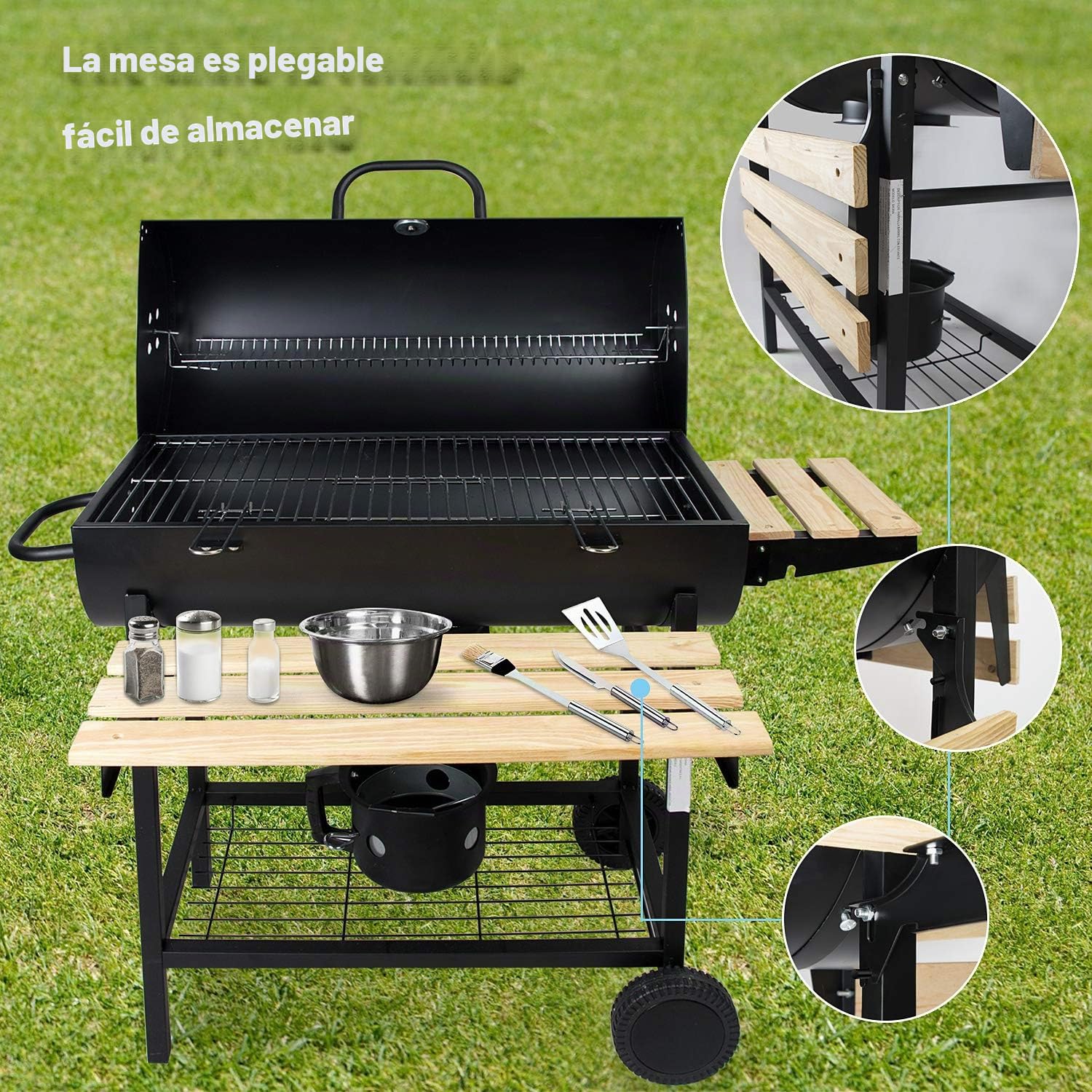 Barbacoas de Carbón Parrilla con Ruedas para Jardín Exterior BBQ con Soportes Facil Movimiento, con 2 Estantes de Madera Plegable para Almacenar Comidas, 101×70.5×94.5CM