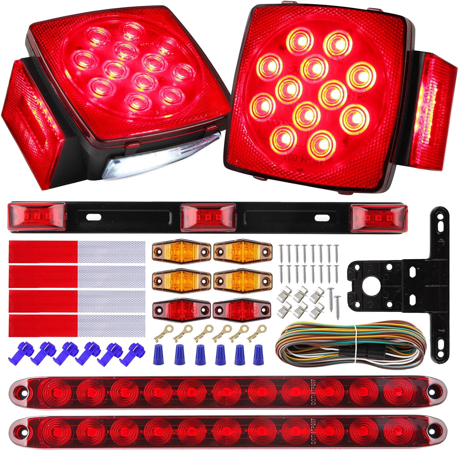 12V Led Utility Trailer Lights Wiring Kit, Square Combination Stop Turn Tail License Lights,Red/Amber Marker Lamp,3rd Third Brake Tail Red Clearance ID Light Strip Bar w/25ft Wiring Harness
