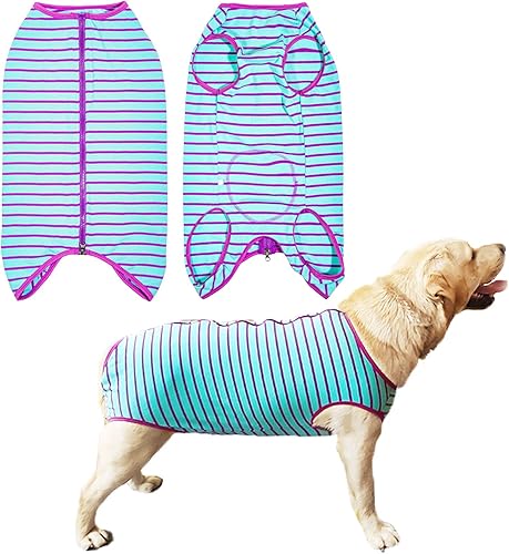 Traje de recuperación para perros, camisa poscirugía para perros machos, ropa protectora alternativa para heridas con cuello E (rayas moradas, XL)